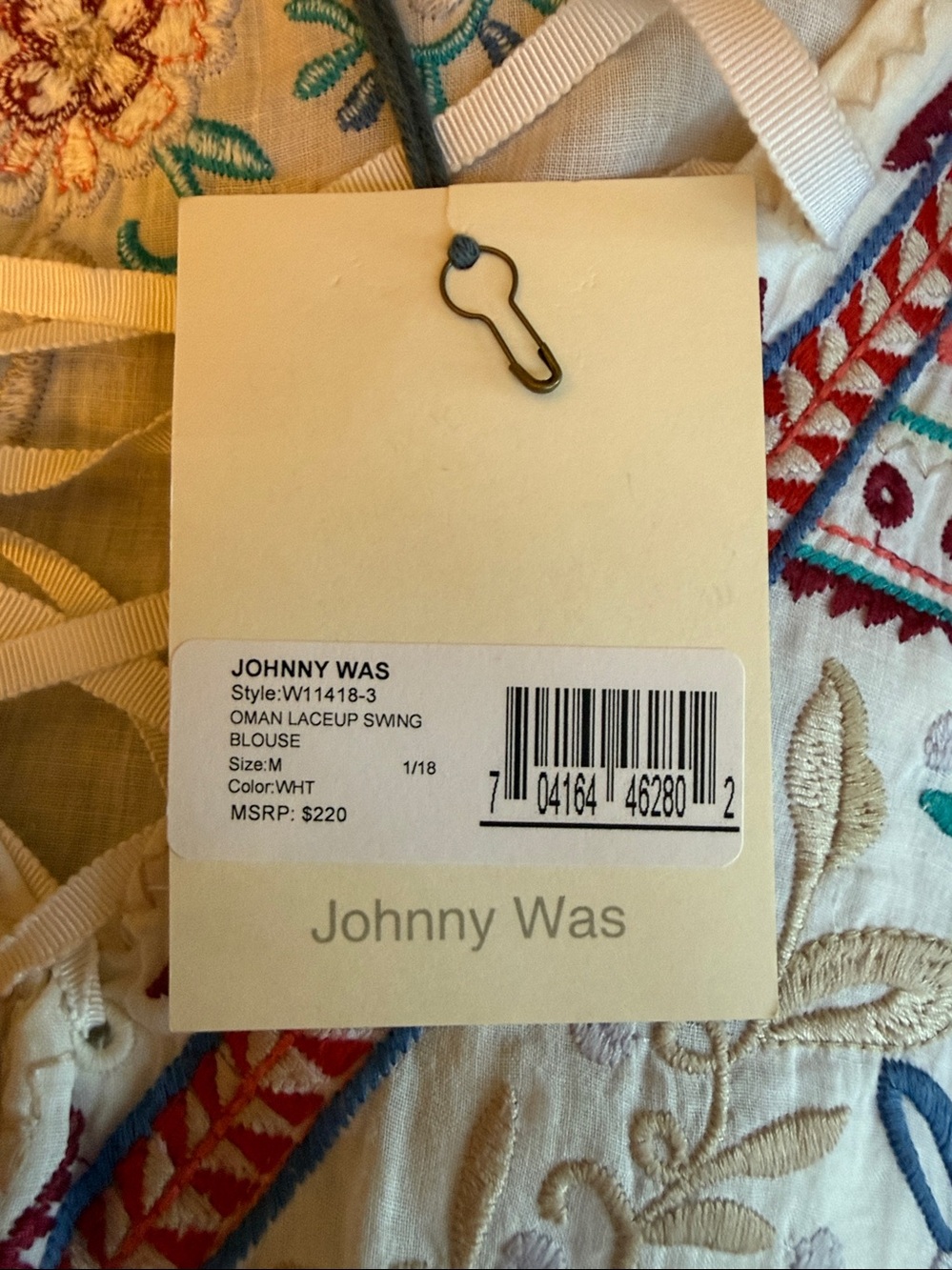 Johnny Was White Embroidered Floral Lace-Up V-Neck- M - Picture 7 of 7